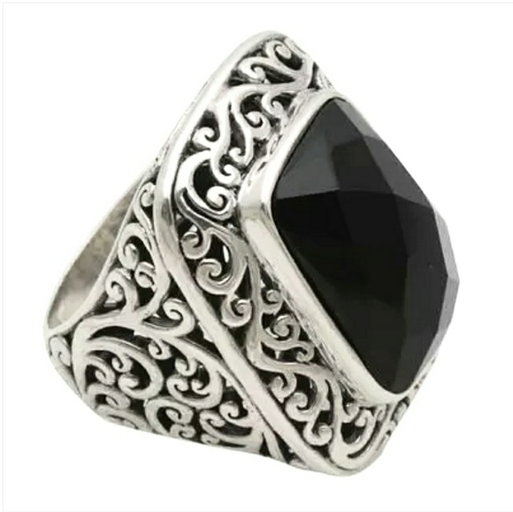 STERLING SILVER LARGE FACETED ONYX ORNATE RING - Picture 5 of 6